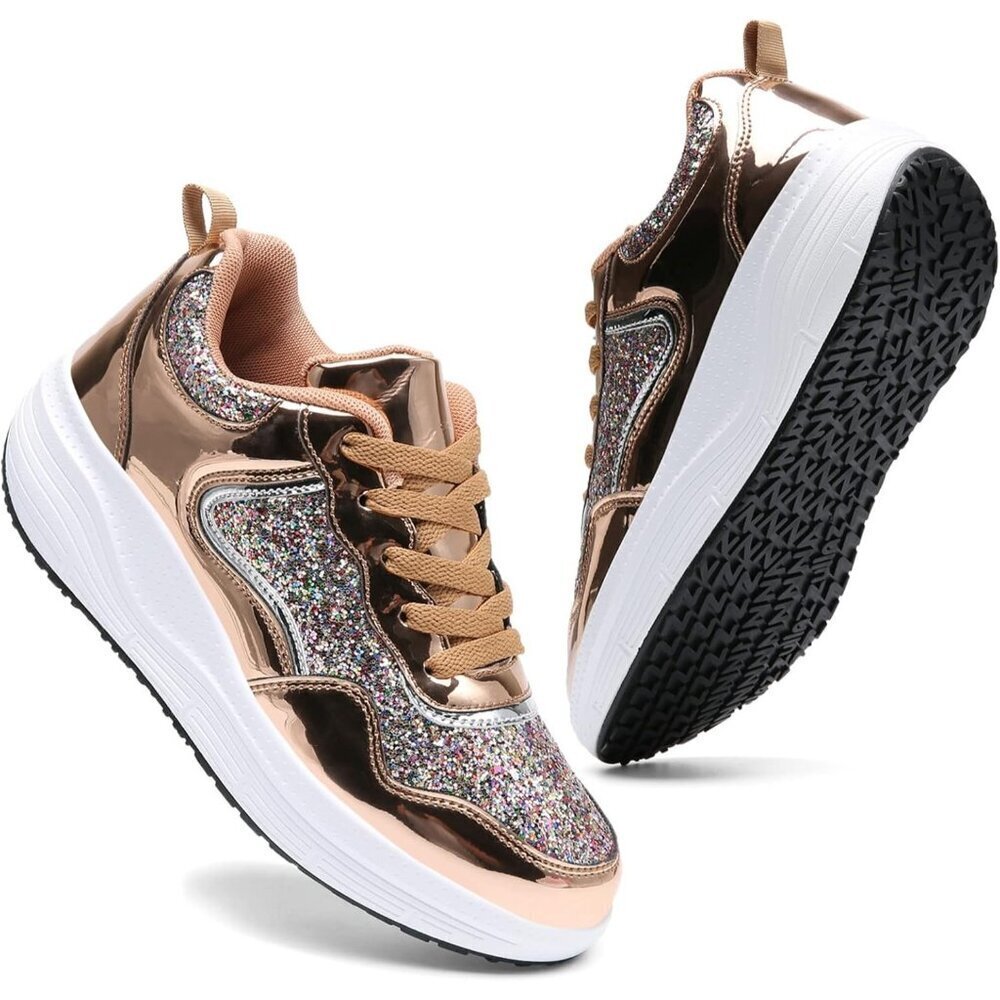 🆕Women Gold Glitter Sparkly Sequin Lightweight Non Slip Casual Comfort Sneakers - Picture 1 of 7